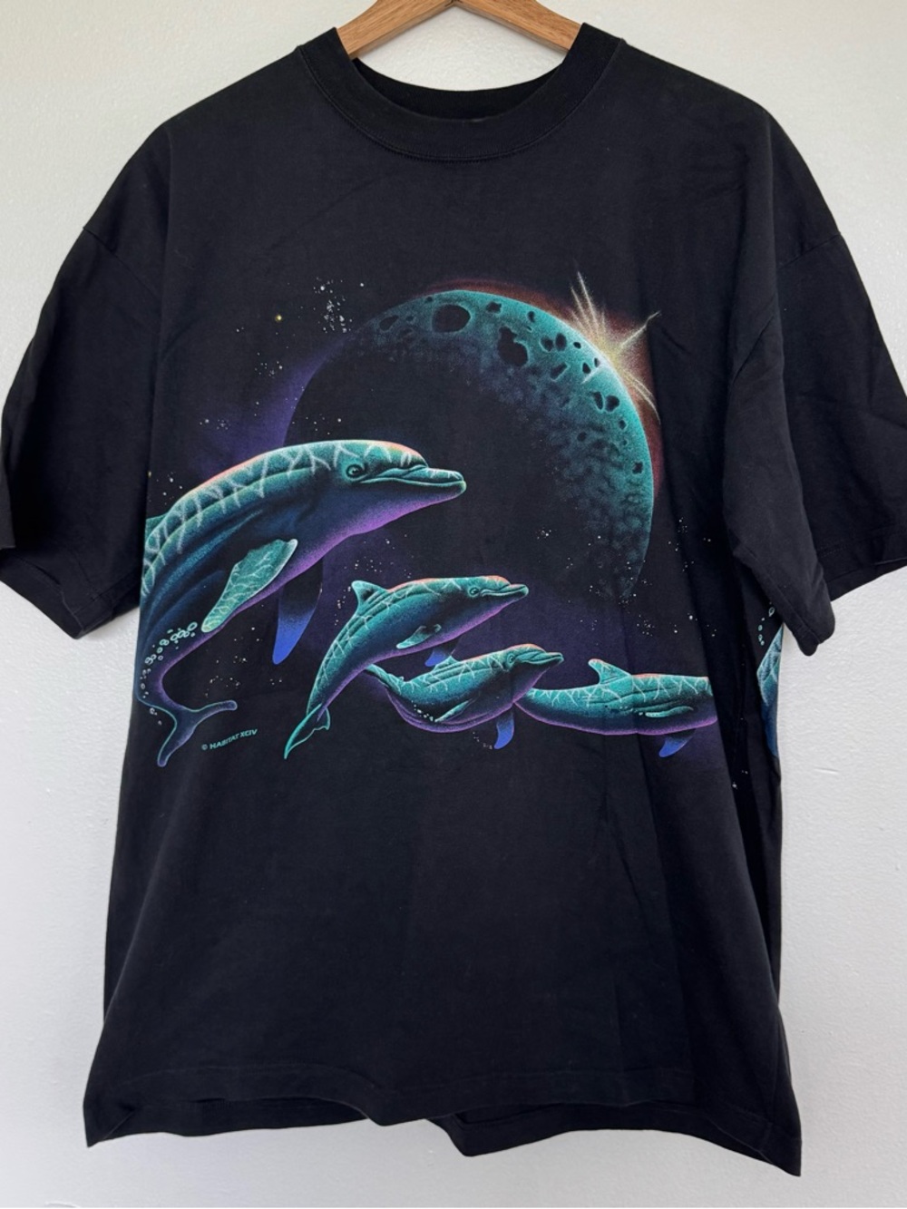 Vintage 90s Habitat Dolphin Space T-Shirt Medium / Large AOP Galaxy Animal Tee